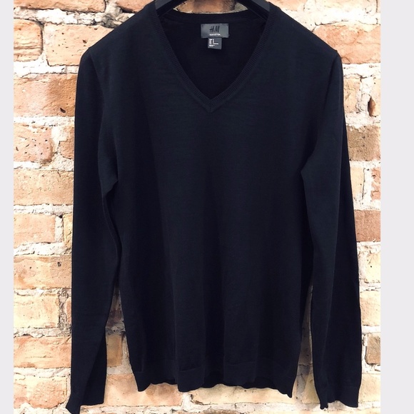 H&M Men's Black Silk Cotton Fine Knit V-Neck Sweater Small - Picture 3 of 11